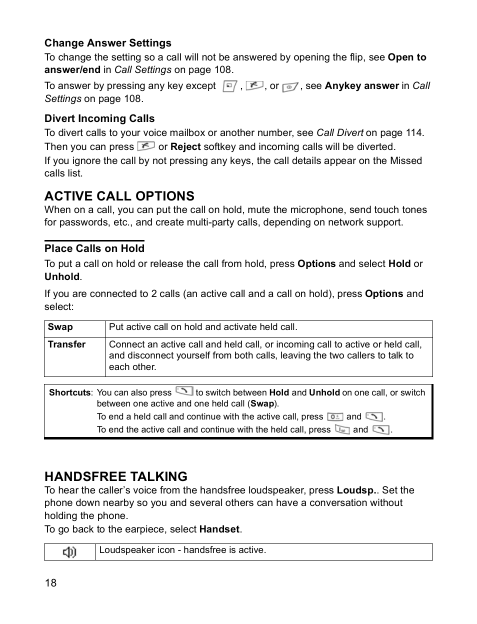 Active call options, Handsfree talking | Panasonic X701 User Manual | Page 20 / 154