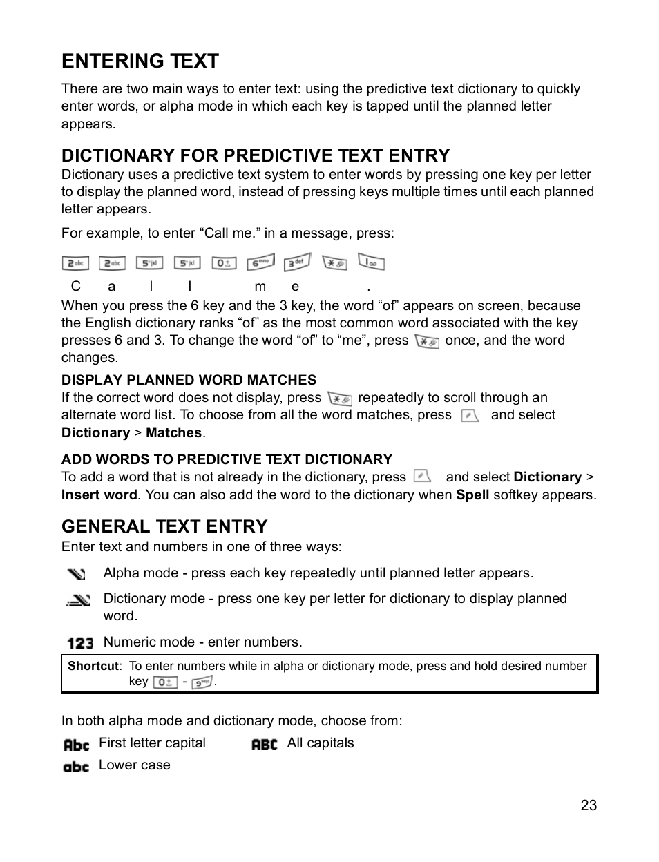Entering text, Dictionary for predictive text entry, General text entry | Panasonic X701 User Manual | Page 25 / 154