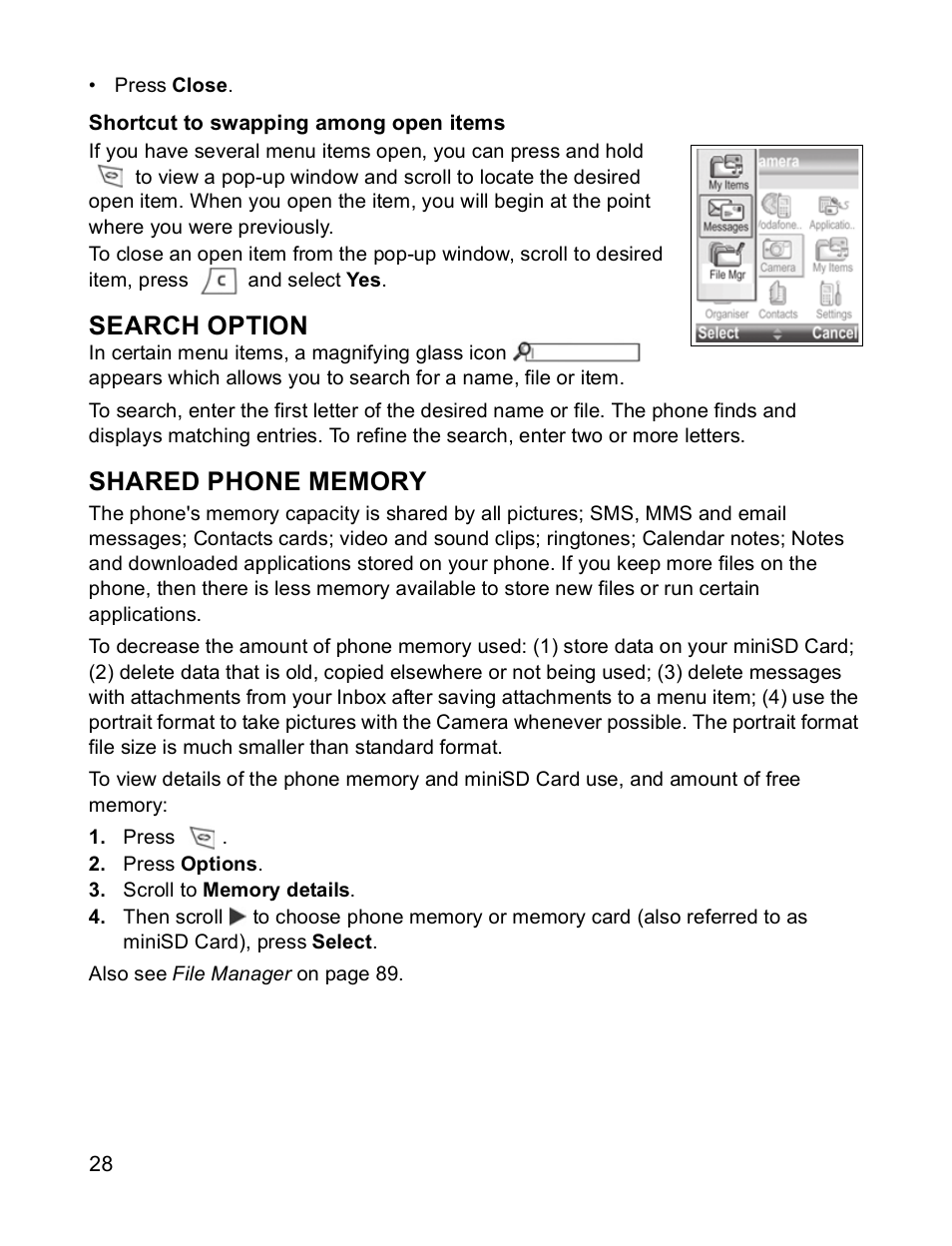 Search option, Shared phone memory | Panasonic X701 User Manual | Page 30 / 154