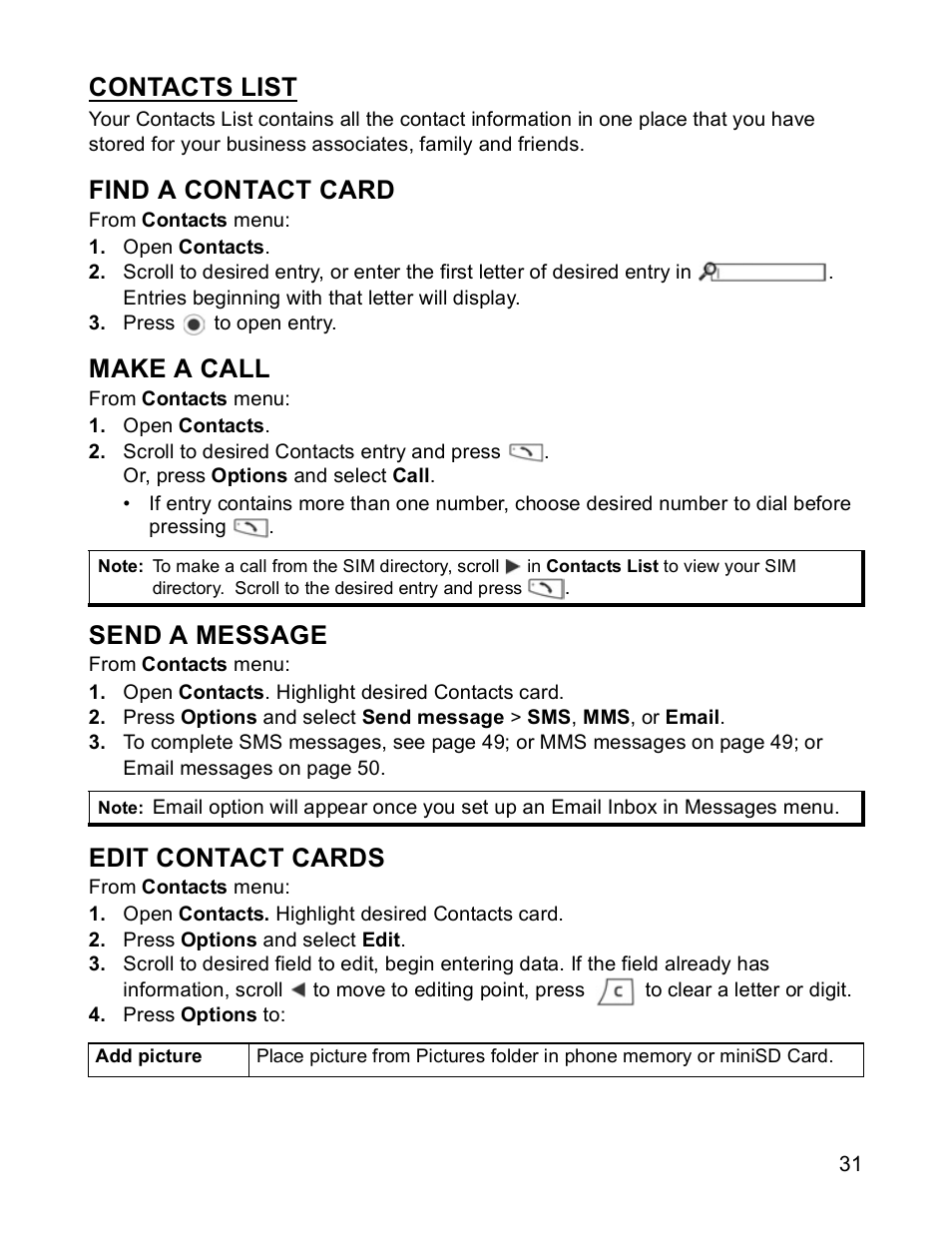 Find a contact card, Make a call, Send a message | Edit contact cards, Contacts list | Panasonic X701 User Manual | Page 33 / 154