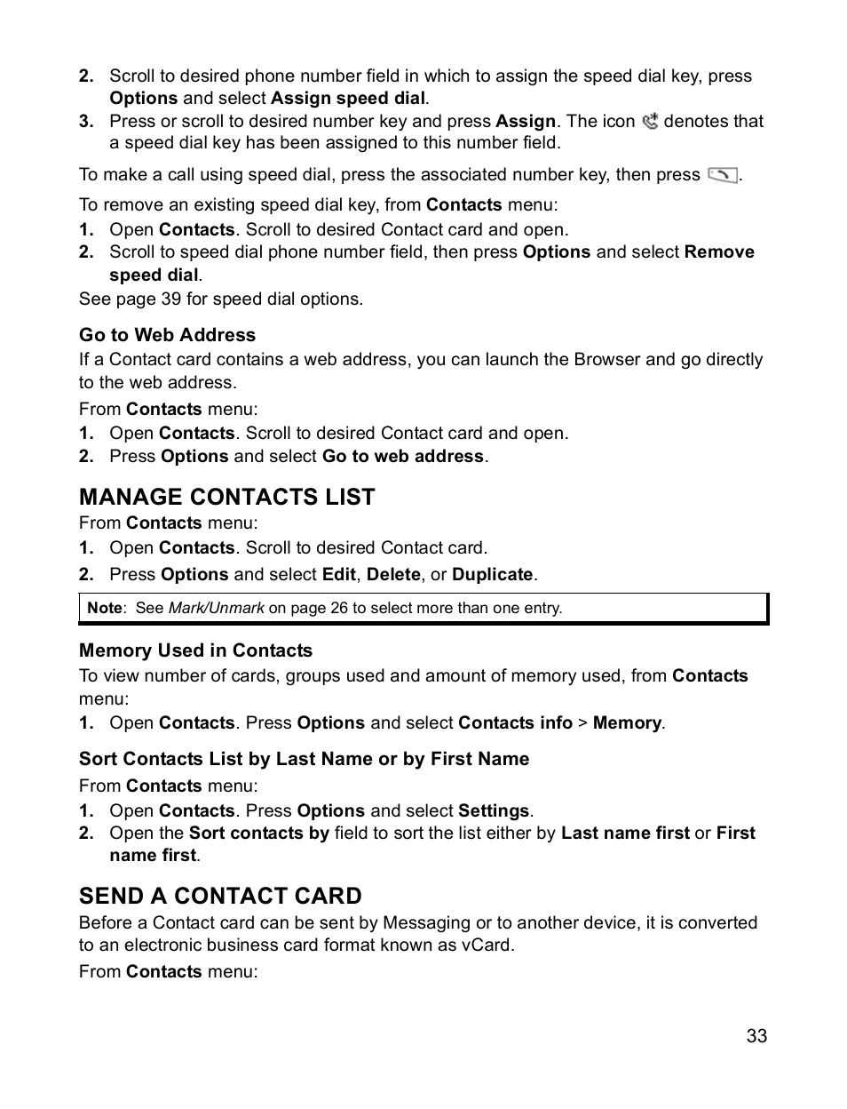 Manage contacts list, Send a contact card | Panasonic X701 User Manual | Page 35 / 154