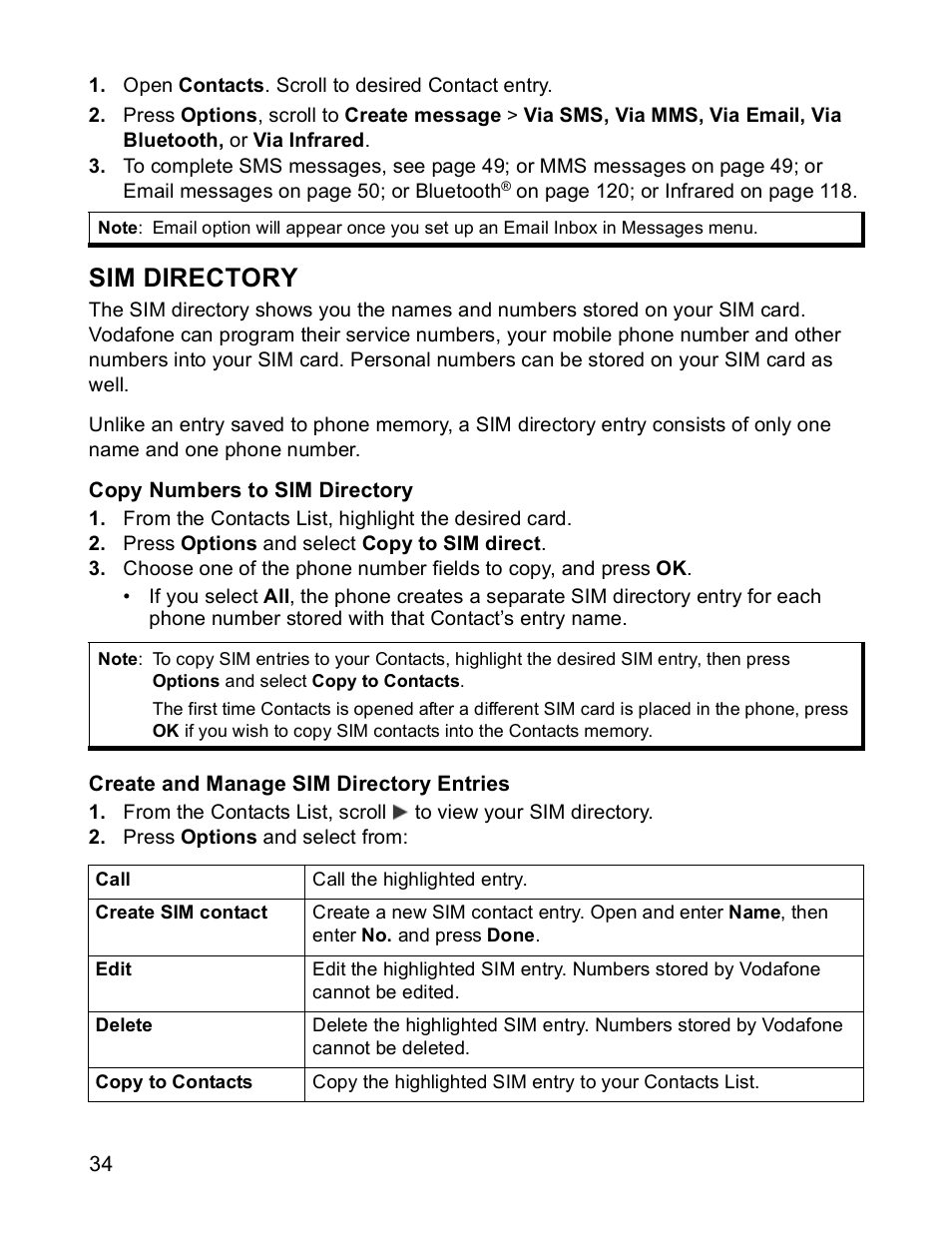 Sim directory | Panasonic X701 User Manual | Page 36 / 154