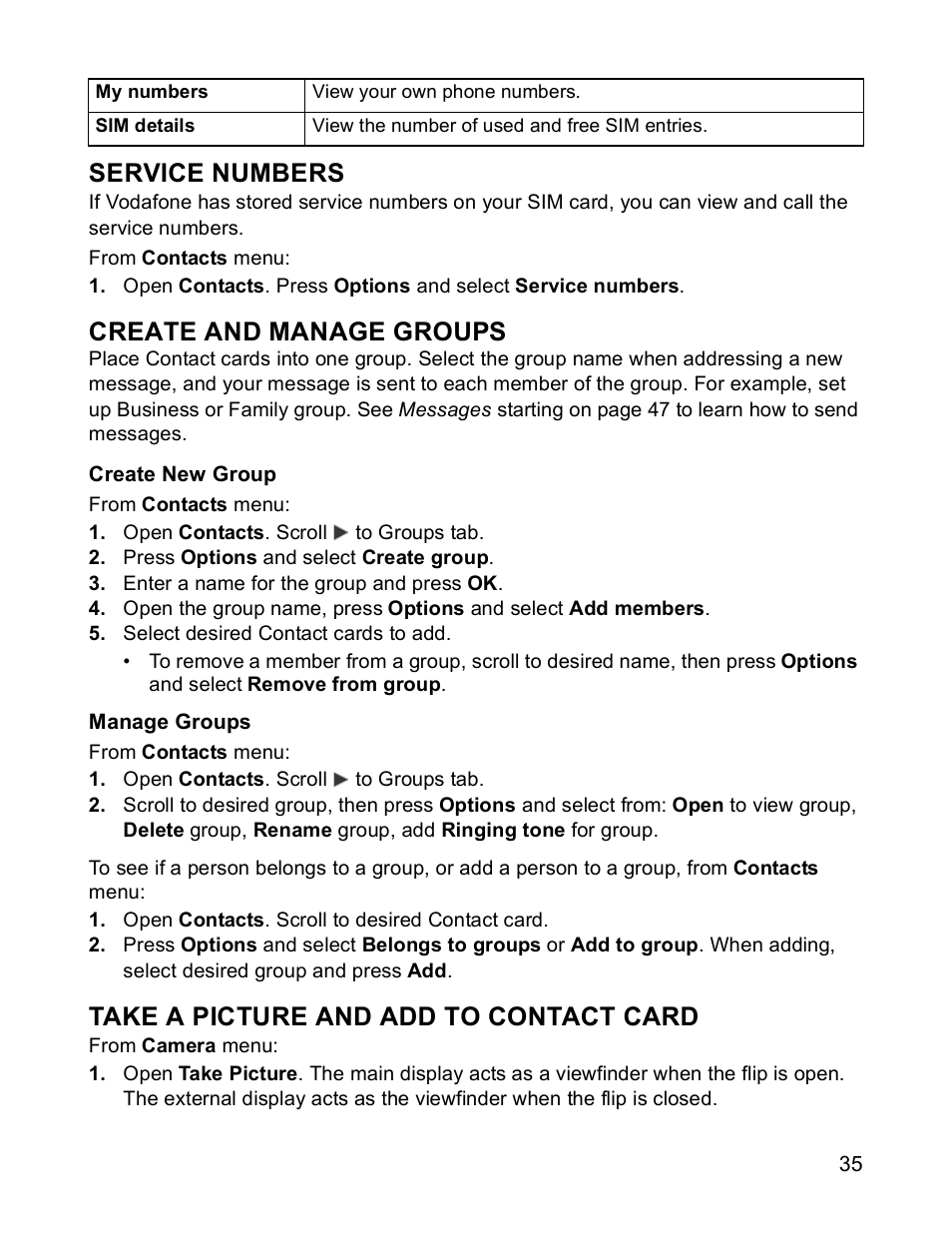 Service numbers, Create and manage groups, Take a picture and add to contact card | Panasonic X701 User Manual | Page 37 / 154