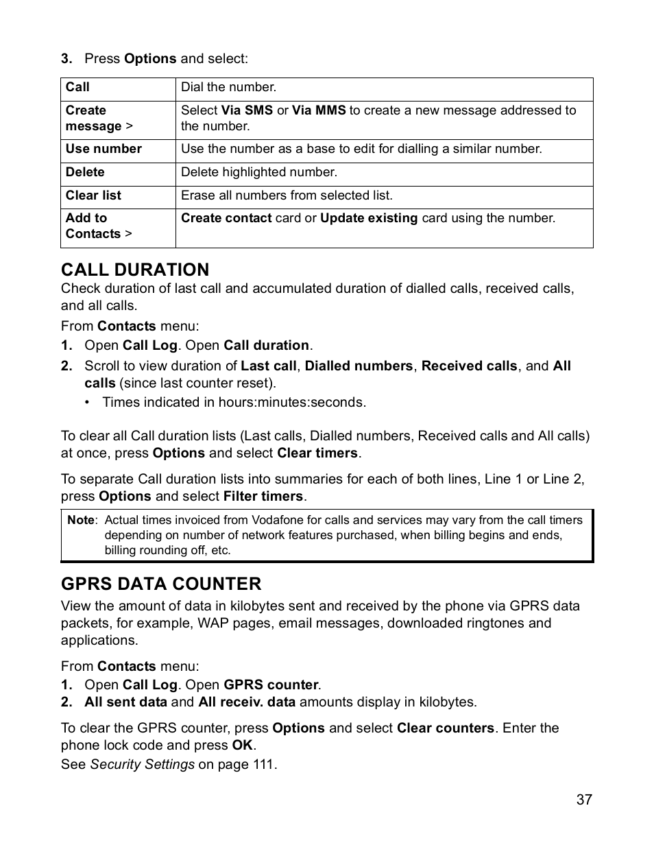 Call duration, Gprs data counter | Panasonic X701 User Manual | Page 39 / 154