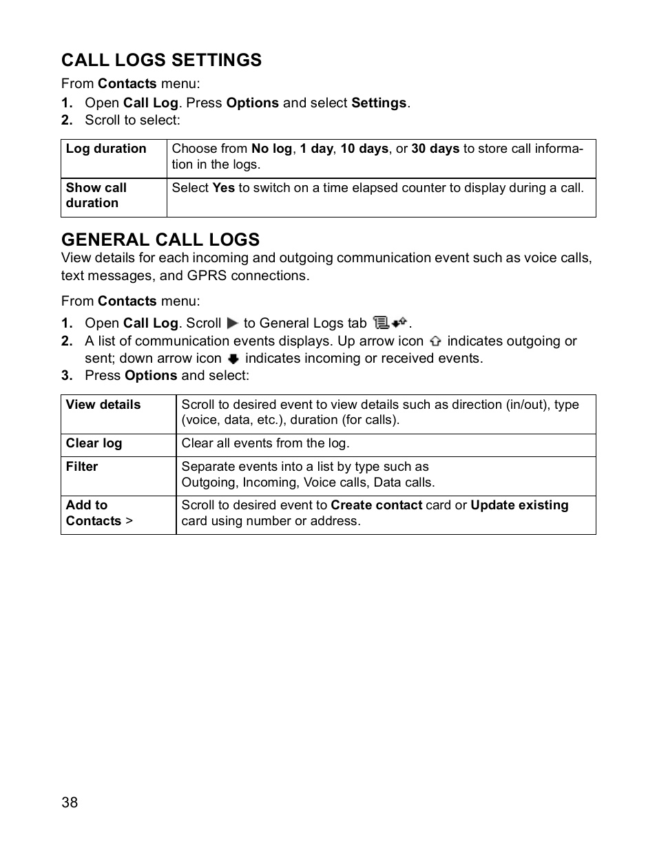 Call logs settings, General call logs | Panasonic X701 User Manual | Page 40 / 154