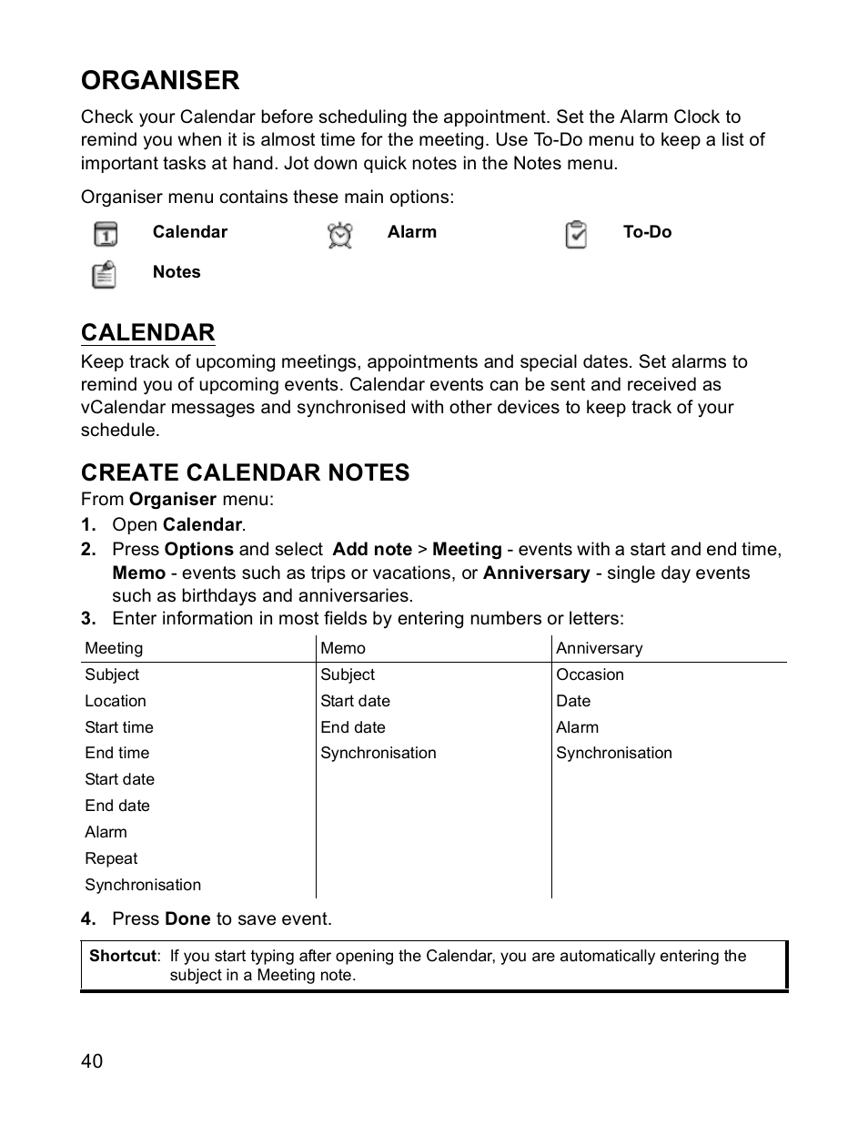 Organiser, Create calendar notes, Calendar | Panasonic X701 User Manual | Page 42 / 154