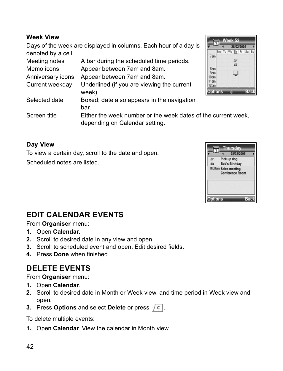 Edit calendar events, Delete events | Panasonic X701 User Manual | Page 44 / 154