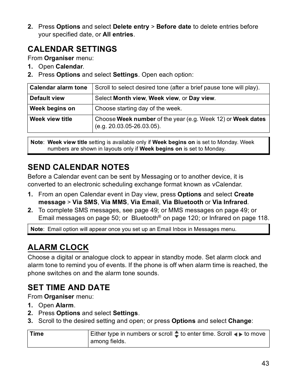 Calendar settings, Send calendar notes, Set time and date | Alarm clock | Panasonic X701 User Manual | Page 45 / 154