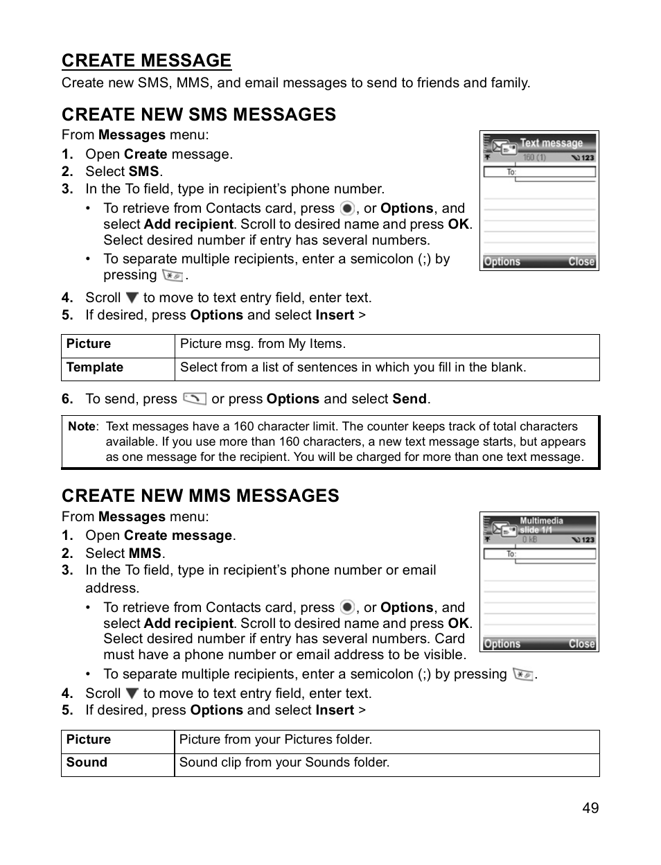 Create new sms messages, Create new mms messages, Create message | Panasonic X701 User Manual | Page 51 / 154