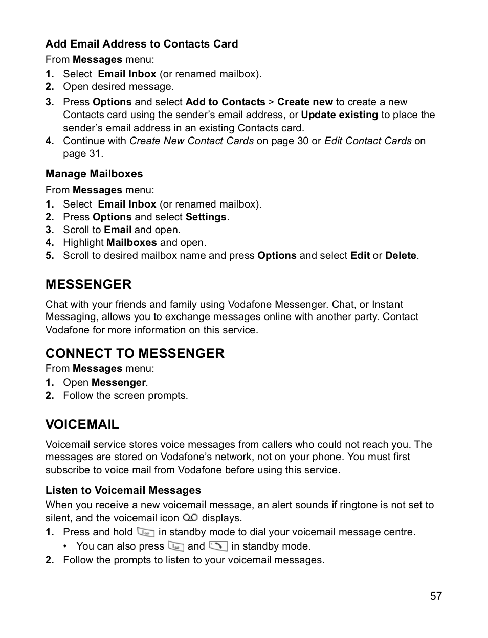 Connect to messenger, Messenger, Voicemail | Panasonic X701 User Manual | Page 59 / 154