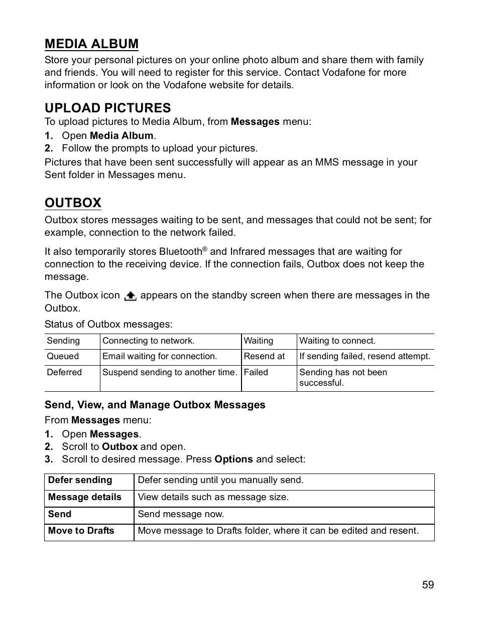 Upload pictures, Media album, Outbox | Panasonic X701 User Manual | Page 61 / 154