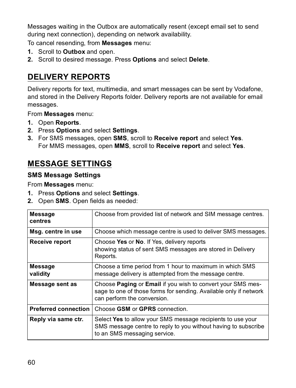 Delivery reports, Message settings | Panasonic X701 User Manual | Page 62 / 154