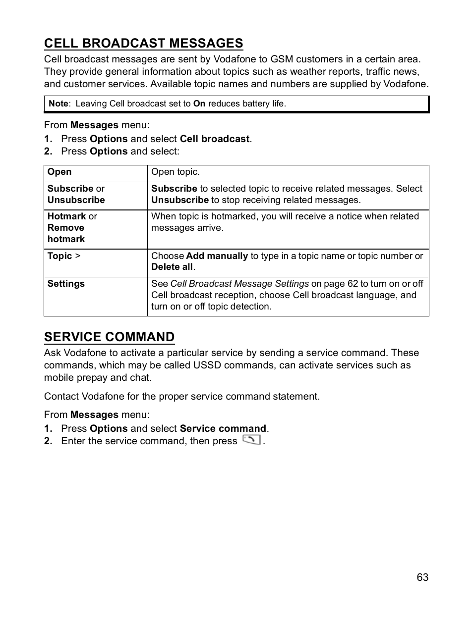 Cell broadcast messages, Service command | Panasonic X701 User Manual | Page 65 / 154