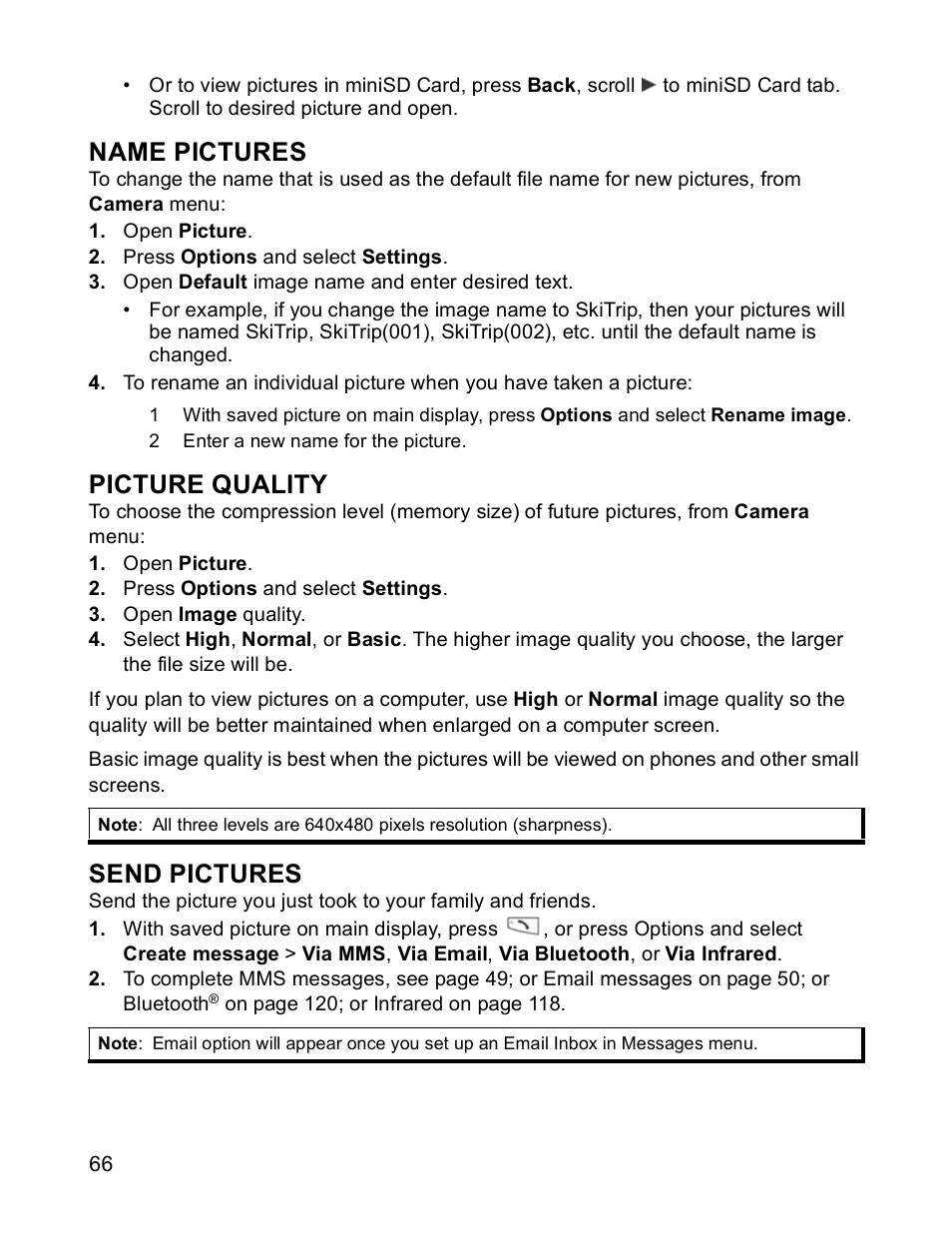 Name pictures, Picture quality, Send pictures | Panasonic X701 User Manual | Page 68 / 154