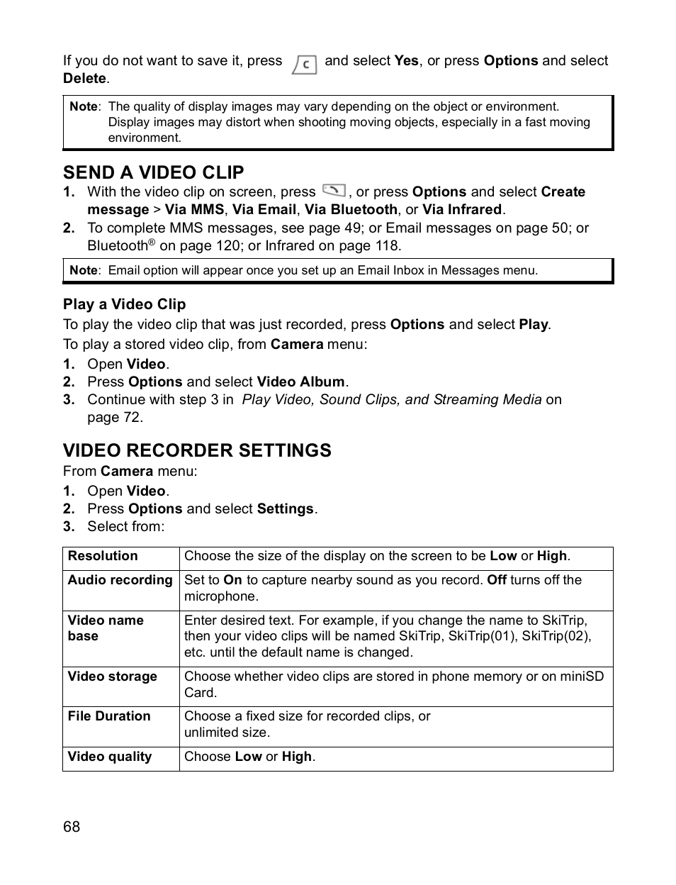 Send a video clip, Video recorder settings | Panasonic X701 User Manual | Page 70 / 154