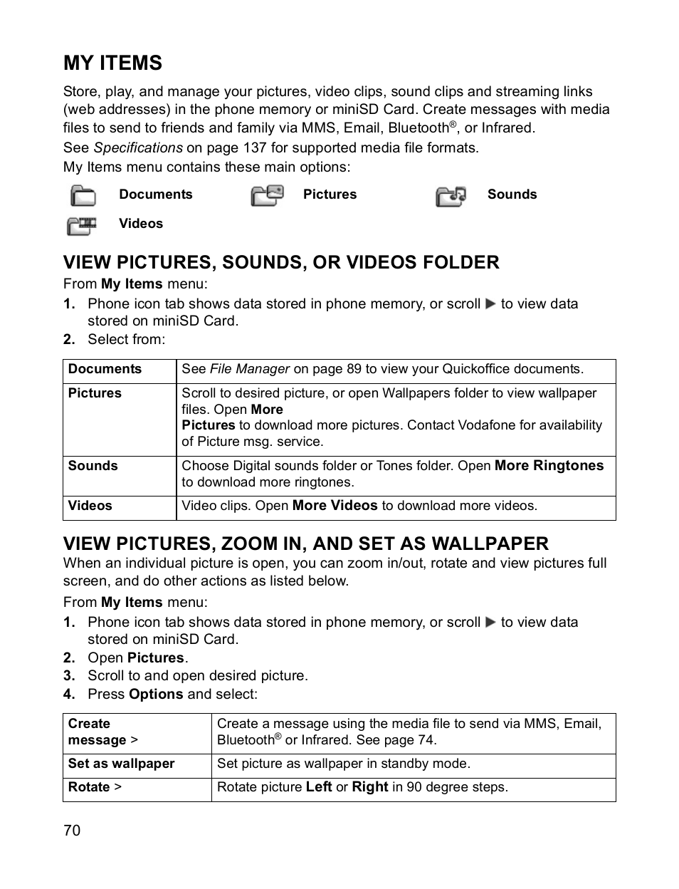 My items, View pictures, sounds, or videos folder, View pictures, zoom in, and set as wallpaper | Panasonic X701 User Manual | Page 72 / 154