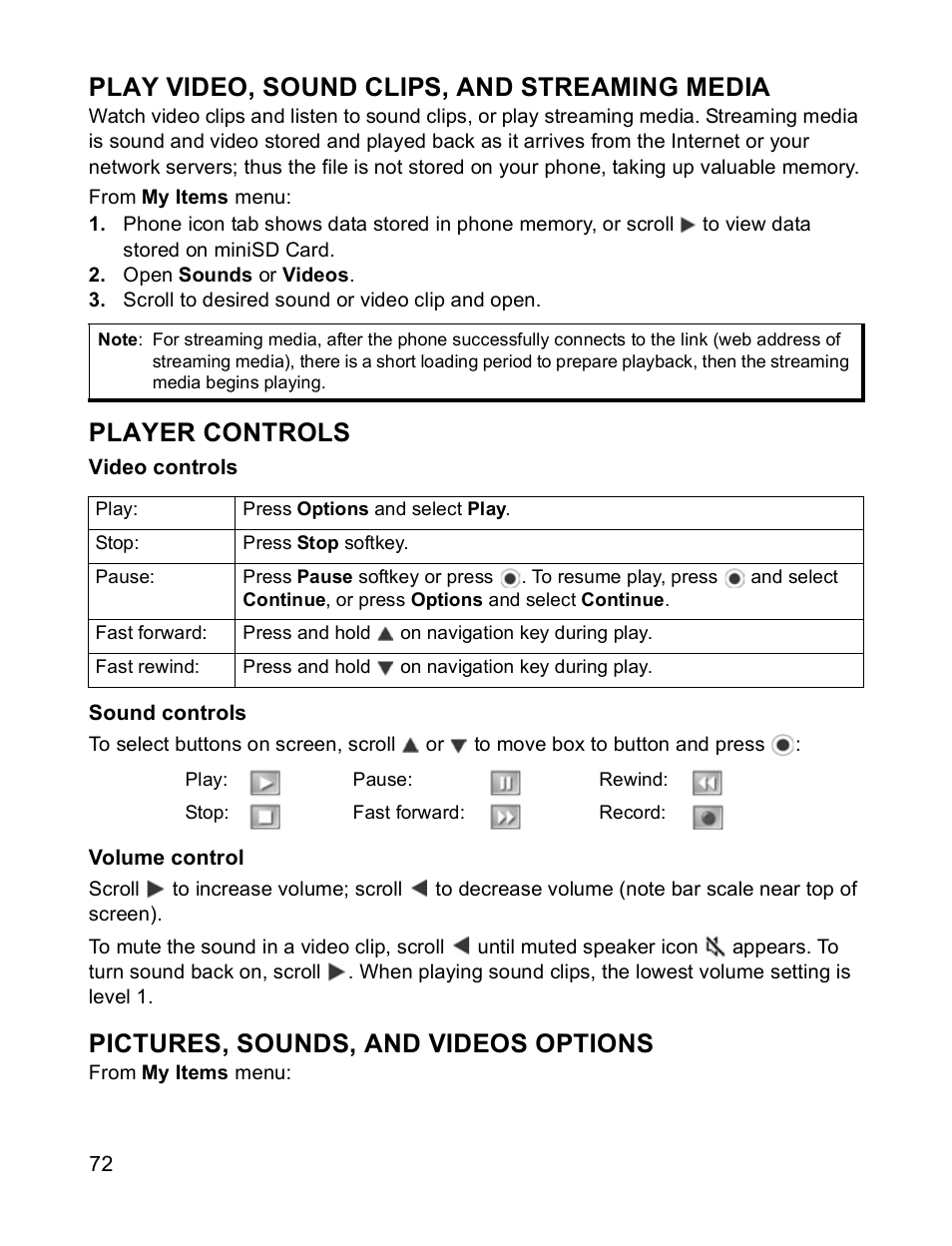 Play video, sound clips, and streaming media, Player controls, Pictures, sounds, and videos options | Panasonic X701 User Manual | Page 74 / 154