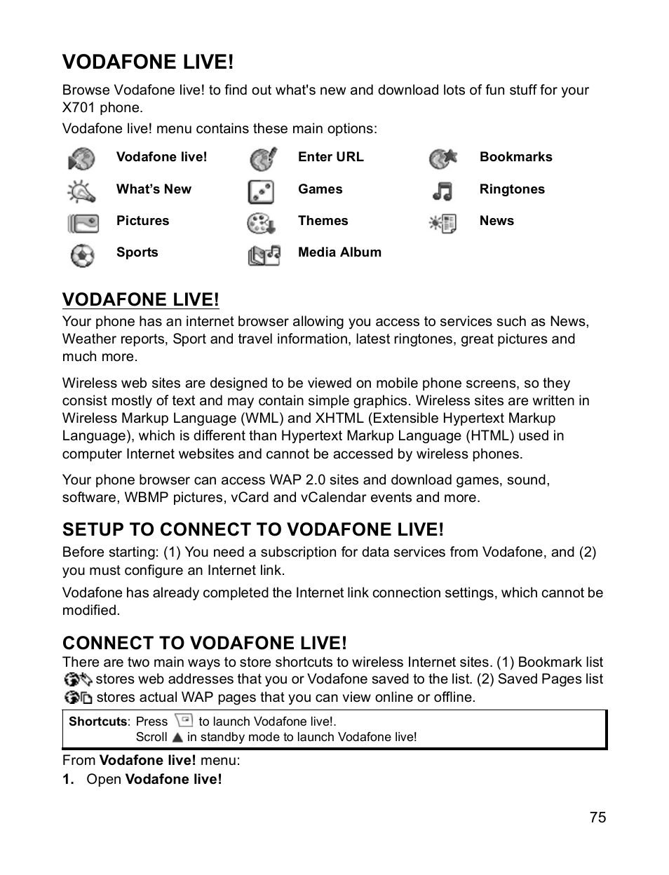 Vodafone live, Setup to connect to vodafone live, Connect to vodafone live | Panasonic X701 User Manual | Page 77 / 154