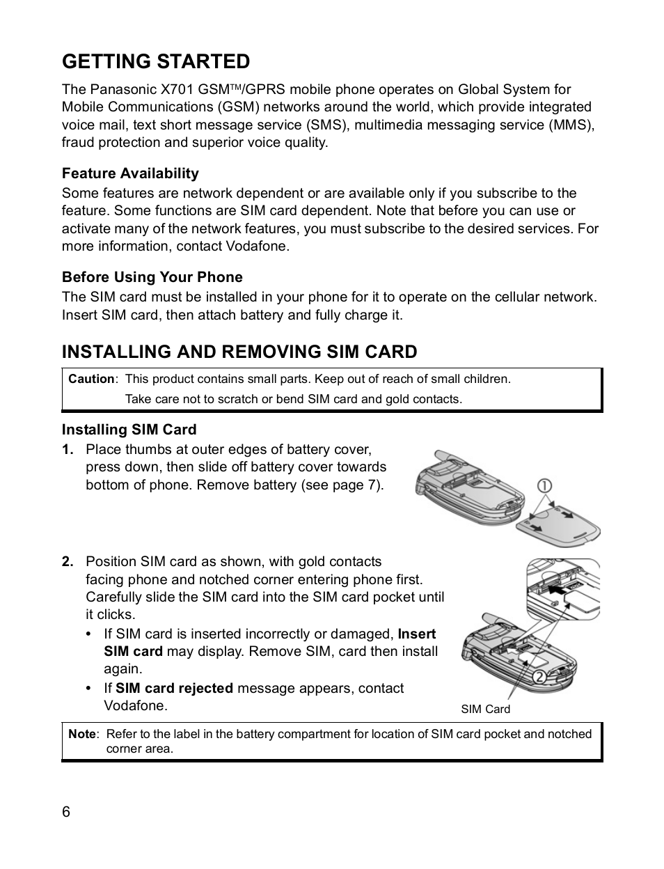 Getting started, Installing and removing sim card | Panasonic X701 User Manual | Page 8 / 154