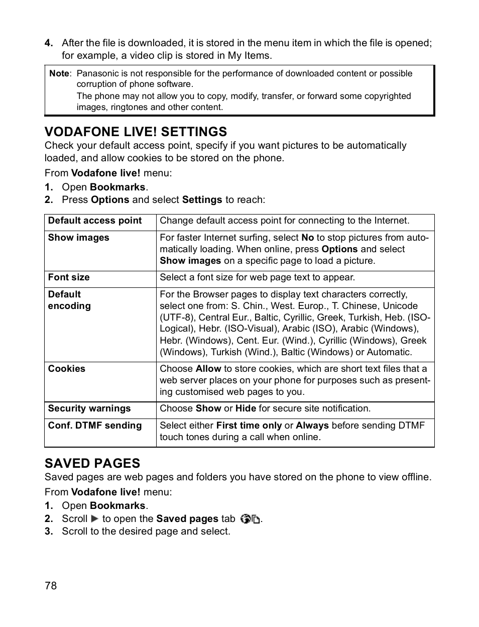 Vodafone live! settings, Saved pages | Panasonic X701 User Manual | Page 80 / 154