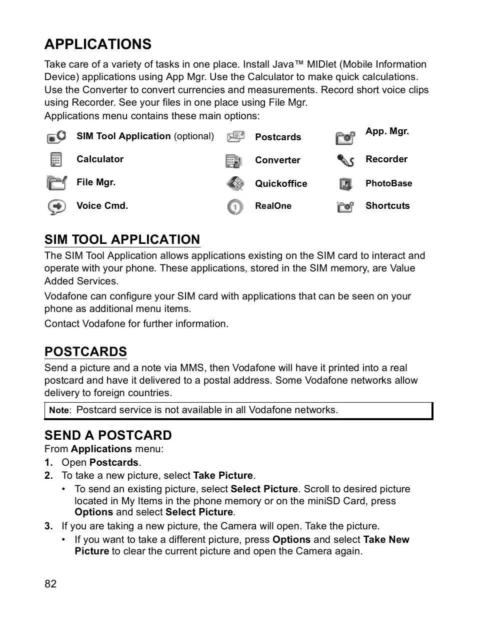 Applications, Send a postcard, Sim tool application | Postcards | Panasonic X701 User Manual | Page 84 / 154