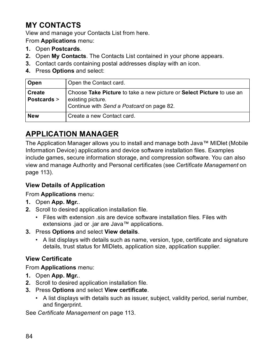 My contacts, Application manager | Panasonic X701 User Manual | Page 86 / 154