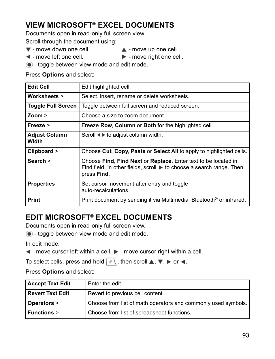 View microsoft® excel documents, Edit microsoft® excel documents, View microsoft | Excel documents, Edit microsoft | Panasonic X701 User Manual | Page 95 / 154