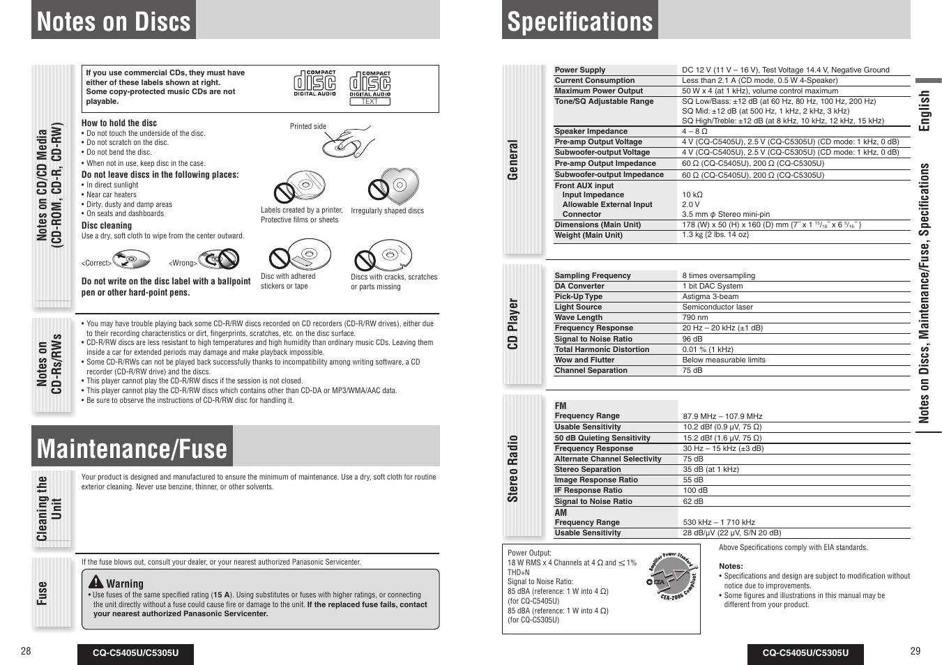 Specifi cations, Maintenance/fuse, English | General cd player, Stereo radio, Cleaning the unit, Fuse | Panasonic CQ-C5305U User Manual | Page 15 / 45