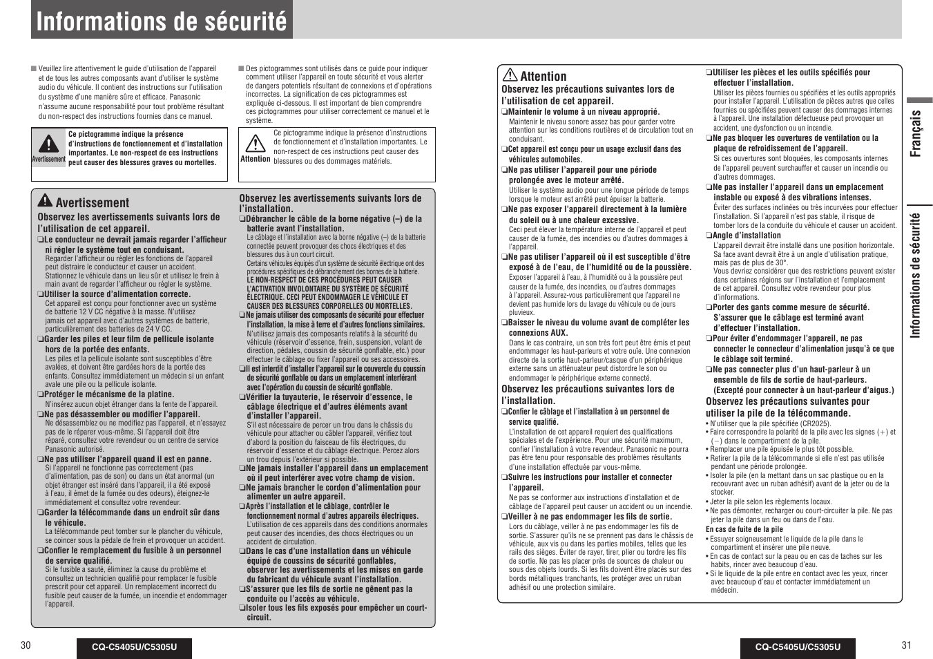 Informations de sécurité, Français, Avertissement | Attention | Panasonic CQ-C5305U User Manual | Page 16 / 45