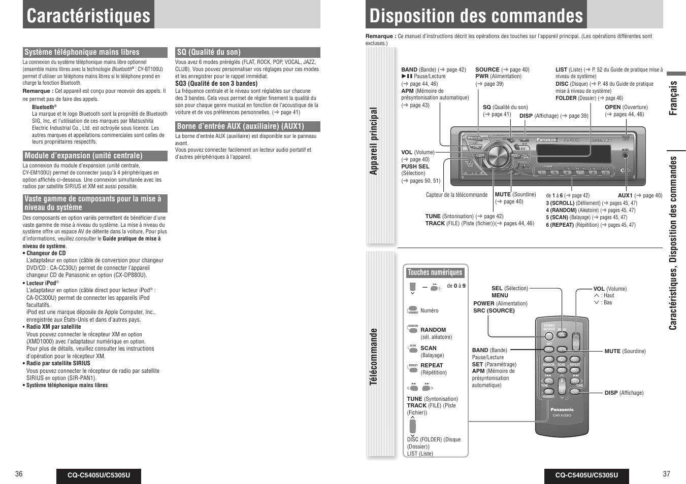 Caractéristiques, Disposition des commandes, Français | Appareil principal, Système téléphonique mains libres, Module d’expansion (unité centrale), Sq (qualité du son), Borne d’entrée aux (auxiliaire) (aux1), Touches numériques | Panasonic CQ-C5305U User Manual | Page 19 / 45