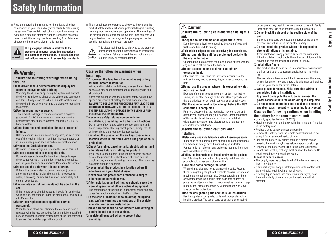 Safety information, English, Warning | Caution | Panasonic CQ-C5305U User Manual | Page 2 / 45