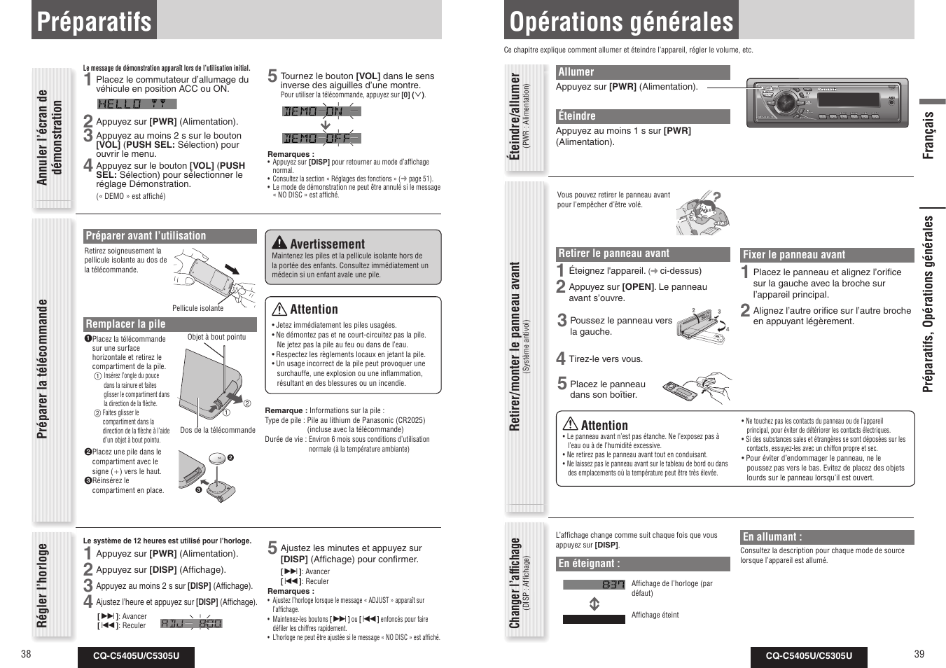 Préparatifs, Opérations générales | Panasonic CQ-C5305U User Manual | Page 20 / 45