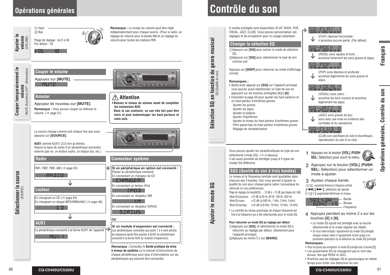 Contrôle du son, Opérations générales, Français | Sélectionner la source, Ajuster le mode sq, Attention | Panasonic CQ-C5305U User Manual | Page 21 / 45