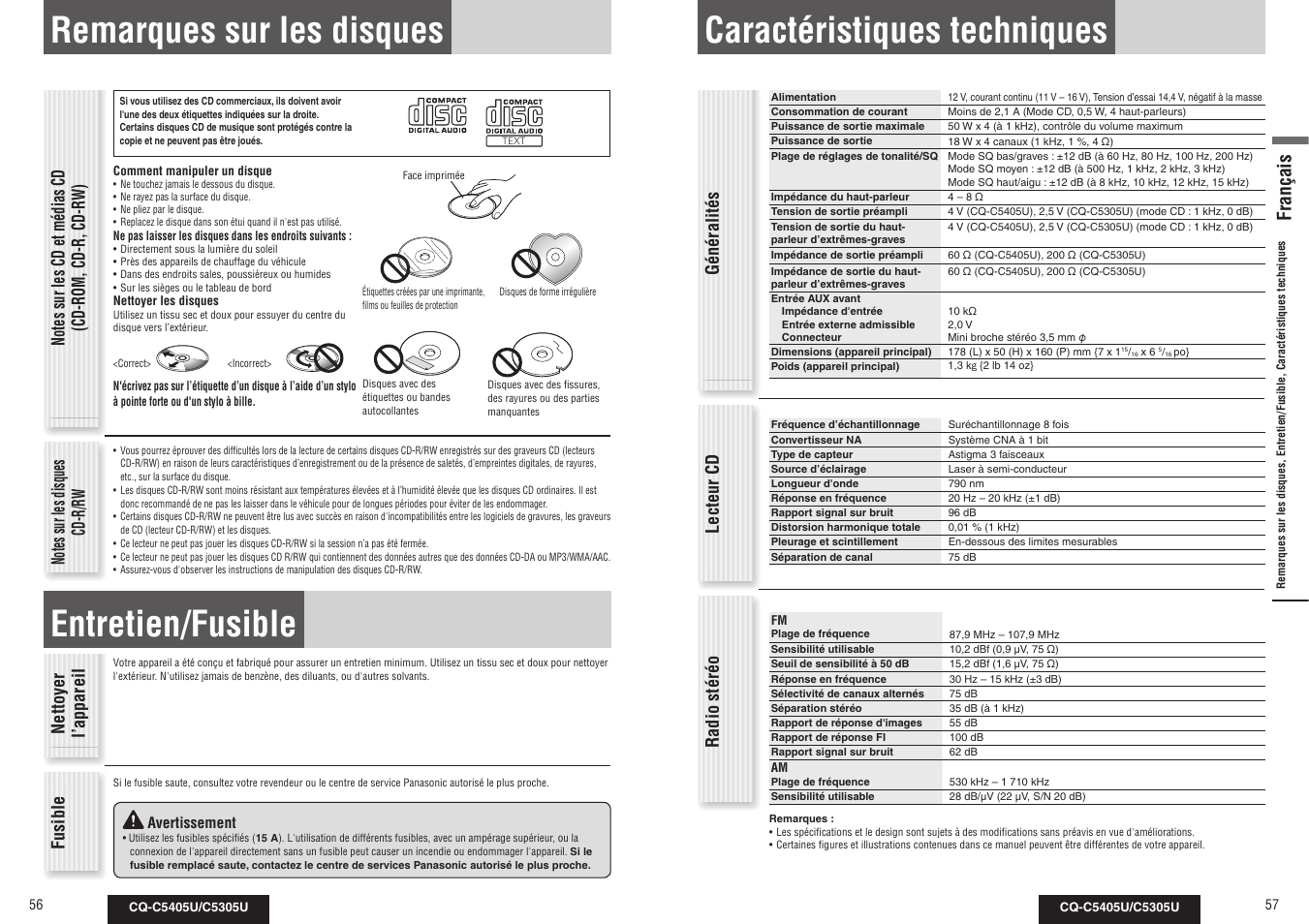 Caractéristiques techniques, Remarques sur les disques, Entretien/fusible | Français, Généralités lecteur cd, Radio stéréo, Nettoyer l’appareil, Fusible | Panasonic CQ-C5305U User Manual | Page 29 / 45