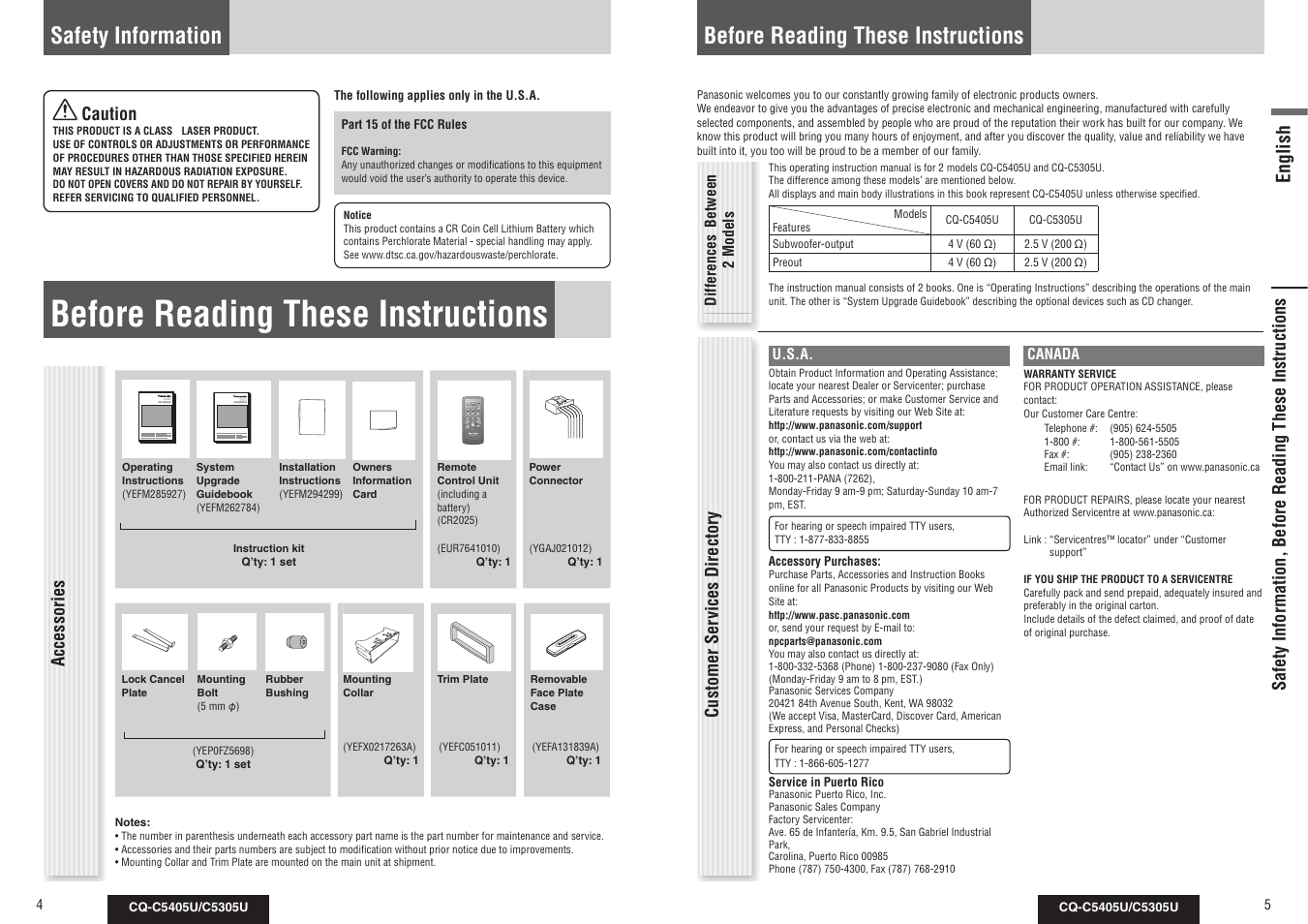 Before reading these instructions, Safety information | Panasonic CQ-C5305U User Manual | Page 3 / 45