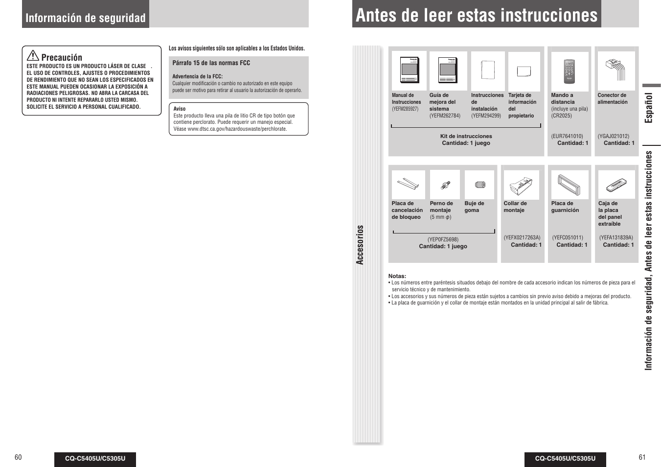 Antes de leer estas instrucciones, Información de seguridad | Panasonic CQ-C5305U User Manual | Page 31 / 45