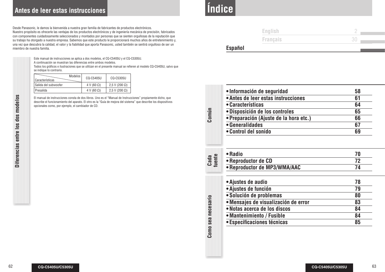 Índice, Antes de leer estas instrucciones | Panasonic CQ-C5305U User Manual | Page 32 / 45