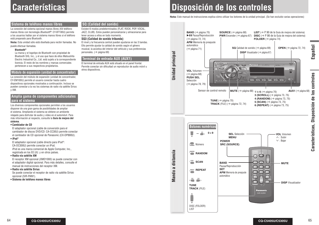 Características, Disposición de los controles, Español | Unidad principal, Sistema de teléfono manos libres, Módulo de expansión (unidad de concentrador), Sq (calidad del sonido), Terminal de entrada aux (aux1), Botones numéricos | Panasonic CQ-C5305U User Manual | Page 33 / 45