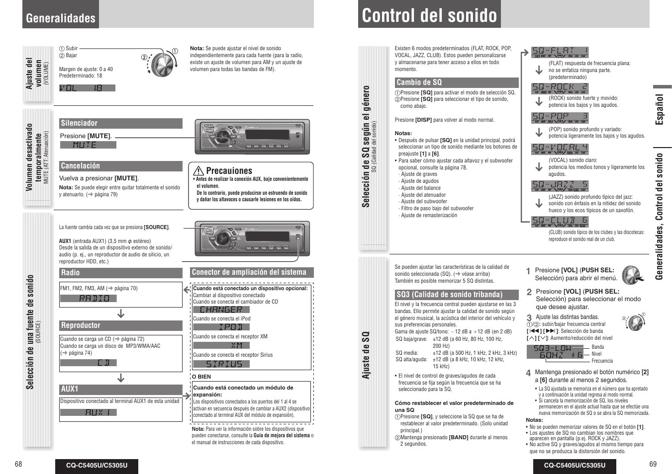 Control del sonido, Generalidades, Español | Selección de una fuente de sonido, Ajuste de sq, Precauiones | Panasonic CQ-C5305U User Manual | Page 35 / 45
