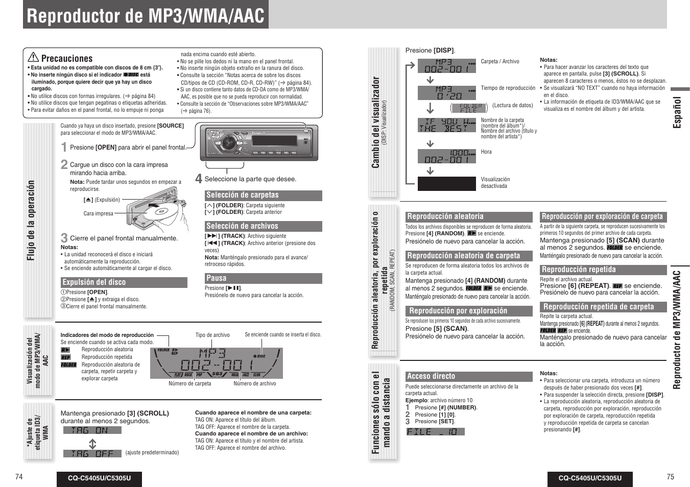 Reproductor de mp3/wma/aac, Español | Panasonic CQ-C5305U User Manual | Page 38 / 45