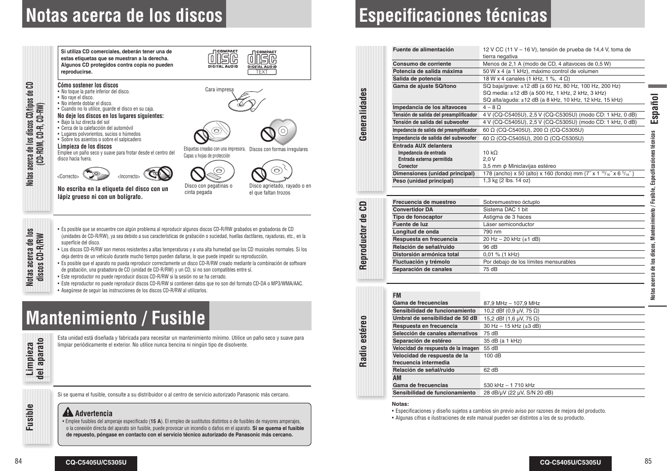 Especifi caciones técnicas, Notas acerca de los discos, Mantenimiento / fusible | Español, Generalidades reproductor de cd, Radio estéreo, Notas acerca de los discos cd-r/rw, Limpieza del aparato, Fusible | Panasonic CQ-C5305U User Manual | Page 43 / 45
