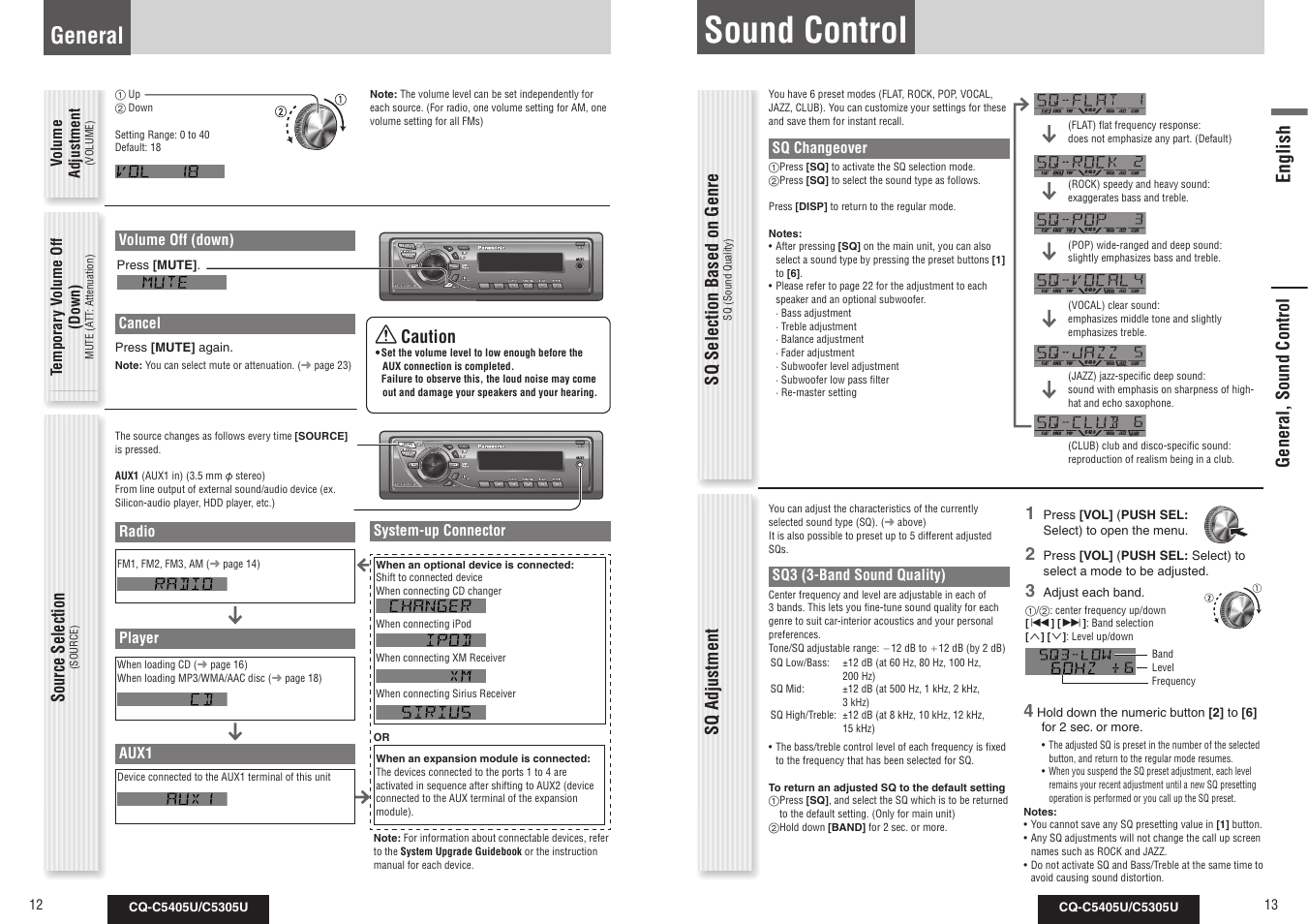 Sound control, General, English | General, sound control sq selection based on genre, Source selection, Sq adjustment, Caution | Panasonic CQ-C5305U User Manual | Page 7 / 45