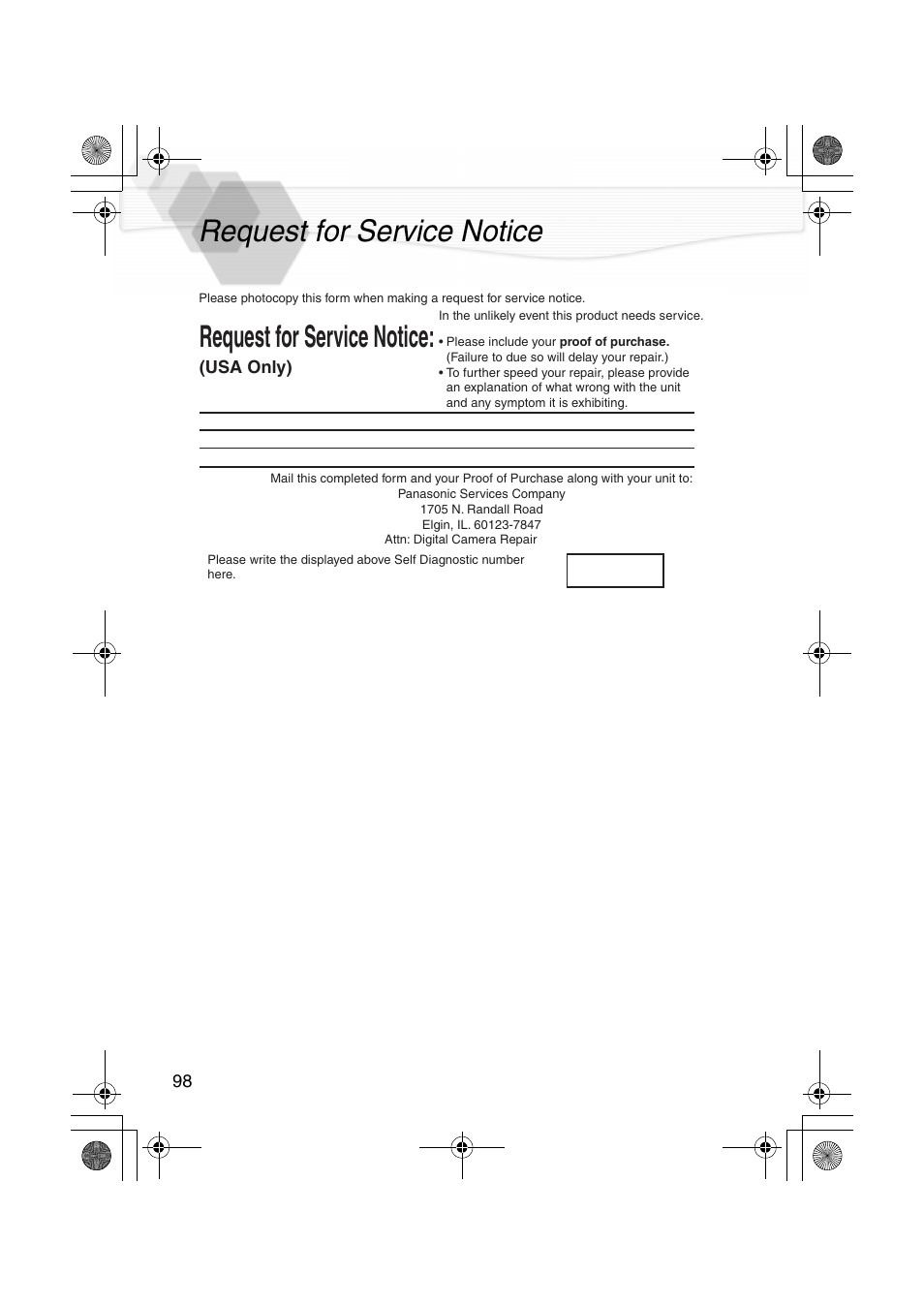 Request for service notice | Panasonic DMC-LC40PP User Manual | Page 100 / 106