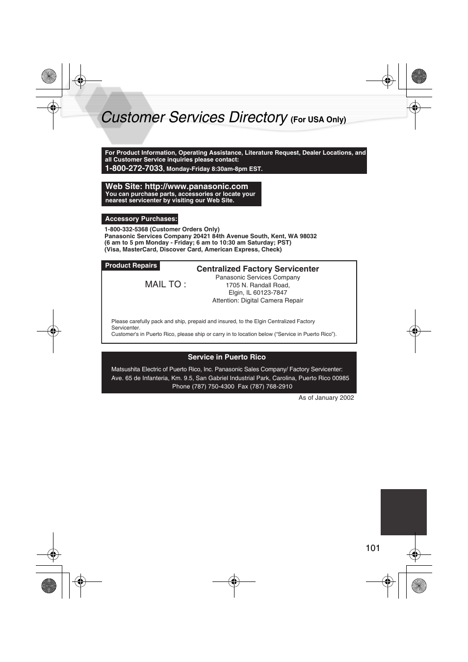 Customer service directory (for usa only), Customer services directory, Mail to | Panasonic DMC-LC40PP User Manual | Page 103 / 106