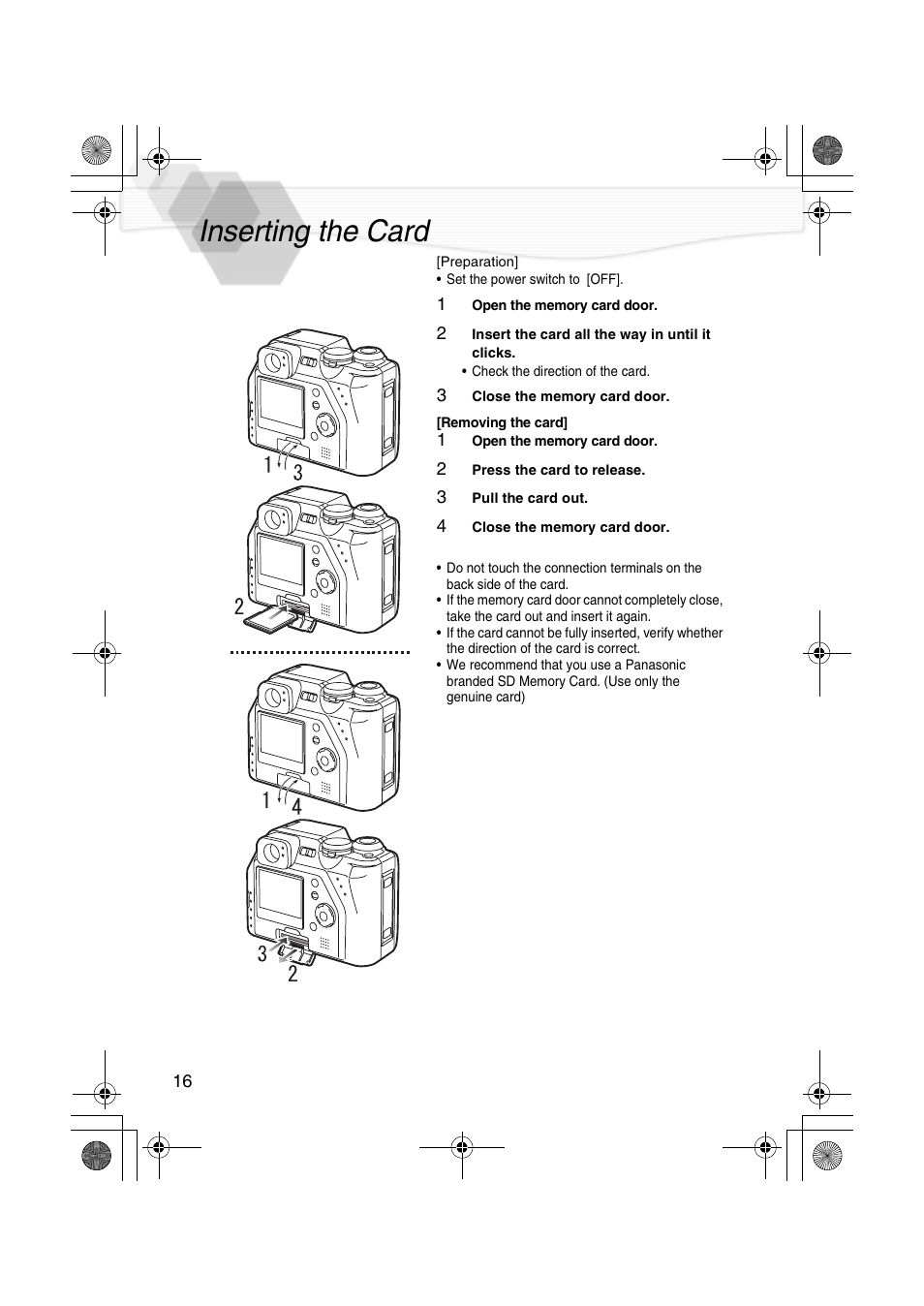 Inserting the card, P16) | Panasonic DMC-LC40PP User Manual | Page 18 / 106