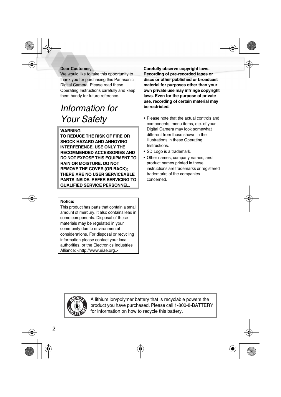 Safety, Information for your safety | Panasonic DMC-LC40PP User Manual | Page 2 / 106