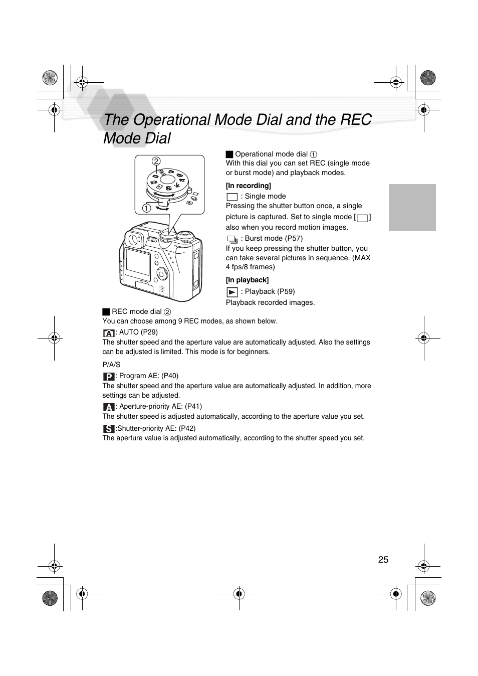 The operational mode dial and the rec mode dial, Al (p25), P25) | Panasonic DMC-LC40PP User Manual | Page 27 / 106
