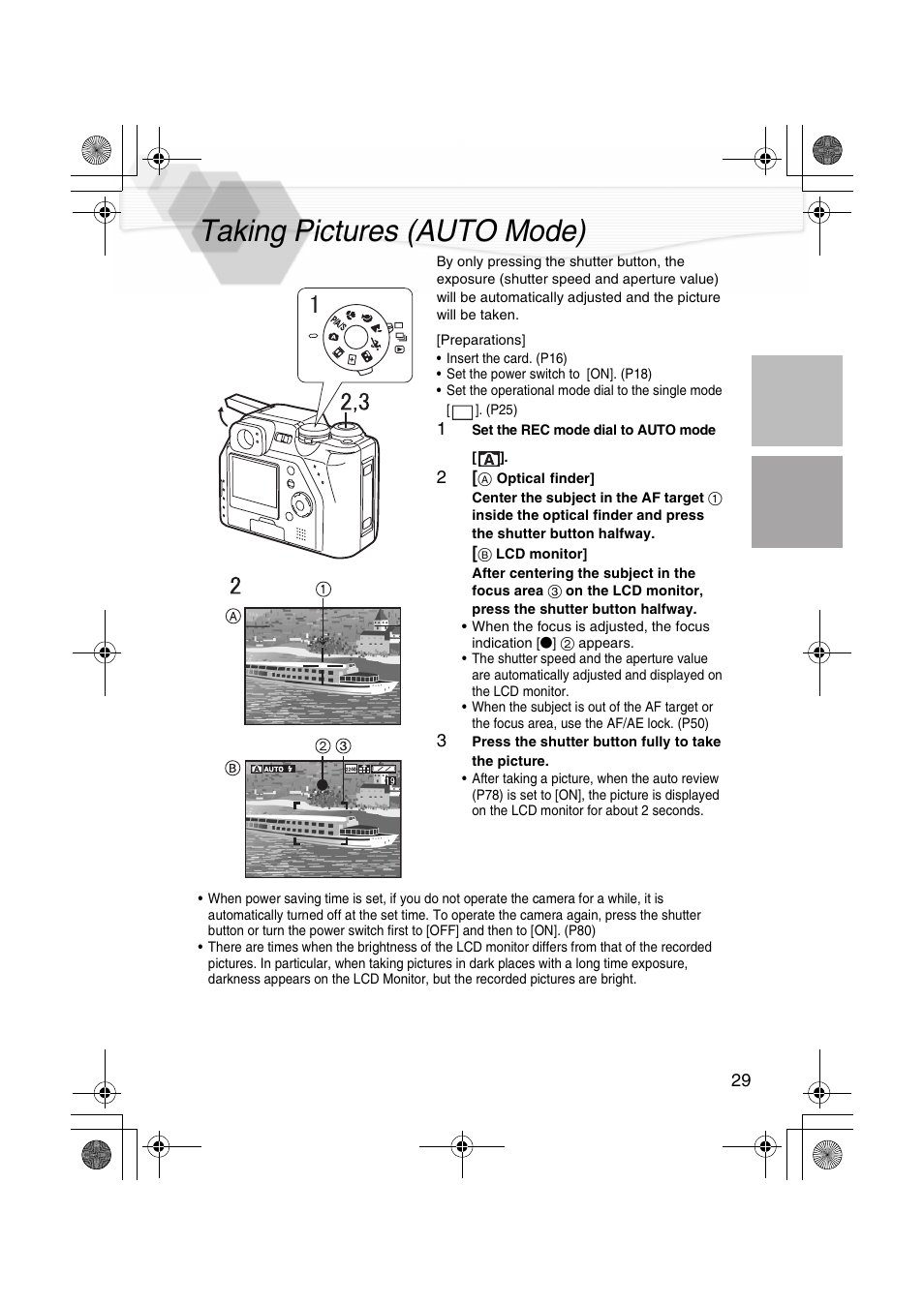 Recording images (basic), Taking pictures (auto mode), P29) | Area (p29), On (p29) | Panasonic DMC-LC40PP User Manual | Page 31 / 106