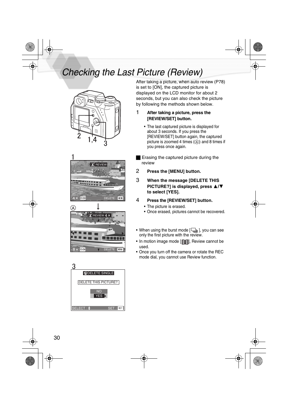 Checking the last picture (review), On (p30) | Panasonic DMC-LC40PP User Manual | Page 32 / 106