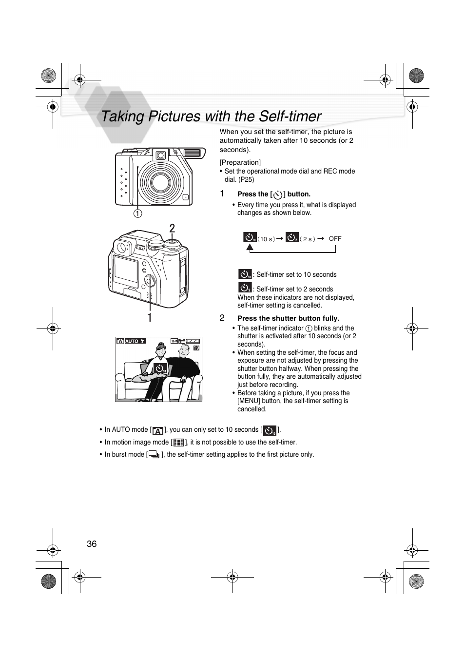 Taking pictures with the self-timer, Taking pictures with the, R (p36 | P36) | Panasonic DMC-LC40PP User Manual | Page 38 / 106
